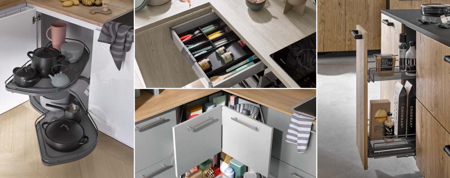 Verschiedene Ecklösungen und Stauraumsysteme in der Küche