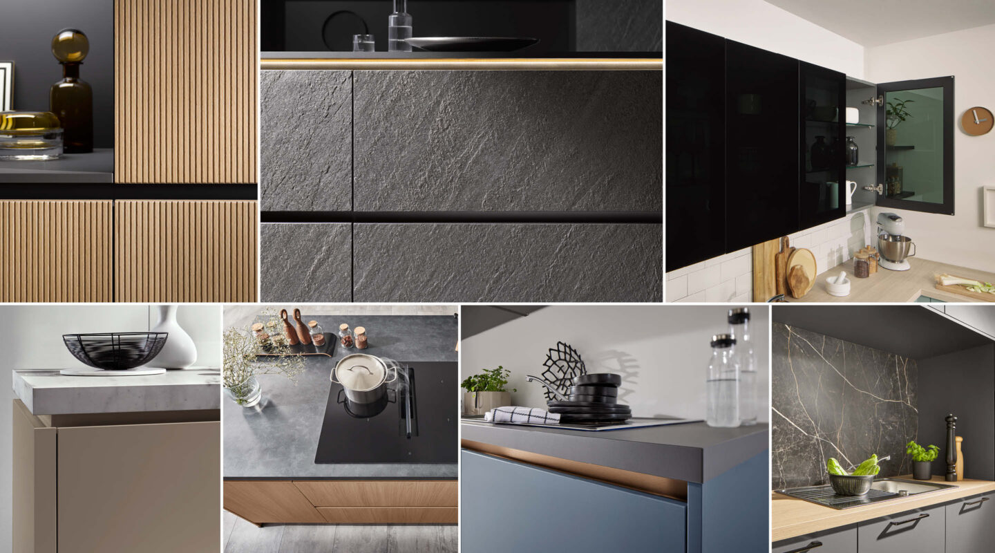 Kollage mit unterschiedlichen Materialien und Materialkombinationen in der Küche: Holz, Stein, Keramik und Glas.