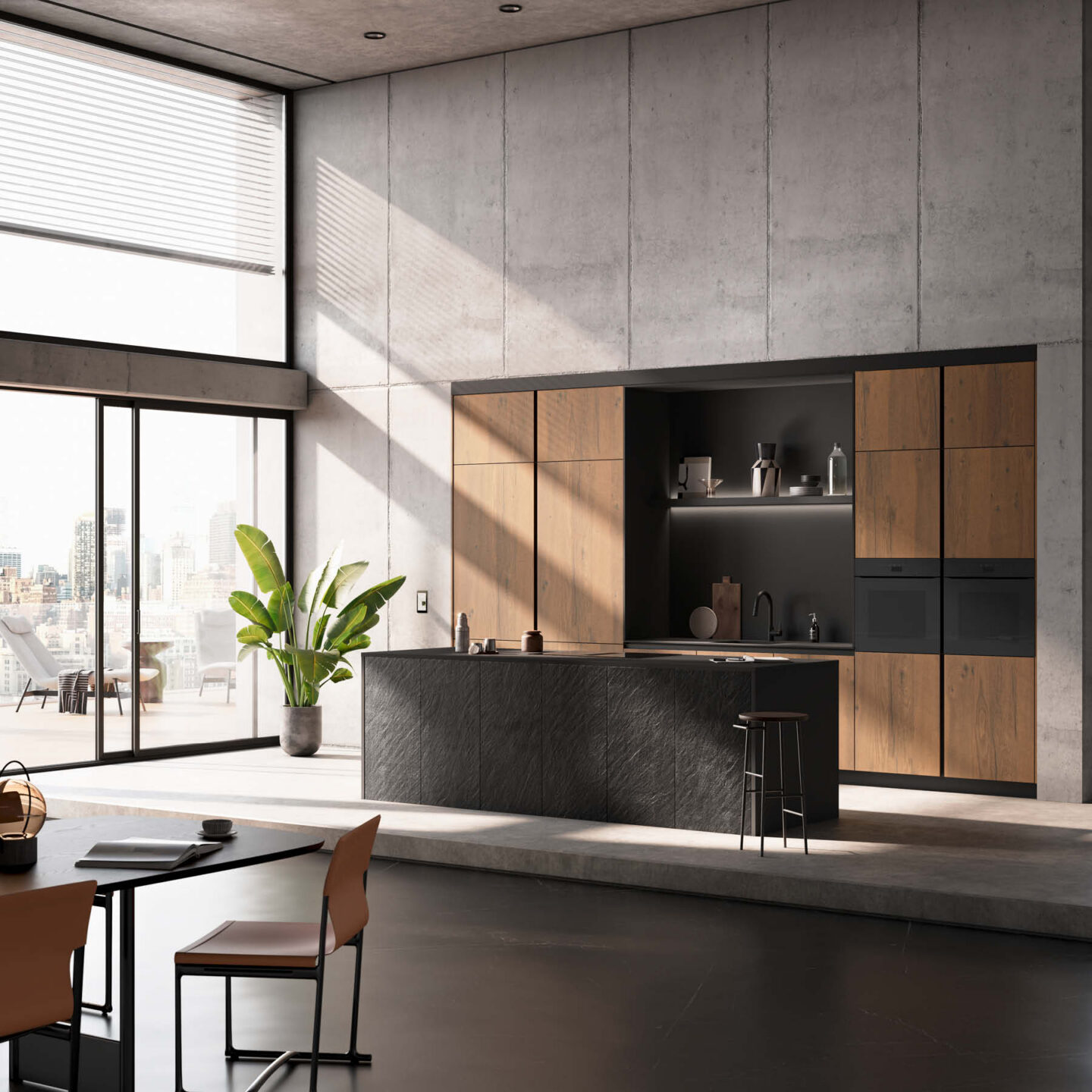 Großzügige Designküche von Häcker mit schwarzer Kücheninsel, Holzfronten, Betonwänden, Einbaugeräten und raumhohen Fenstern mit Stadtblick.